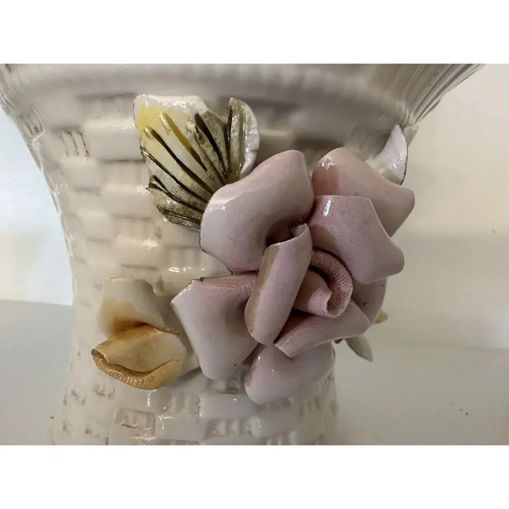Vintage Porcelain Rose Flower Basket Italy Italian